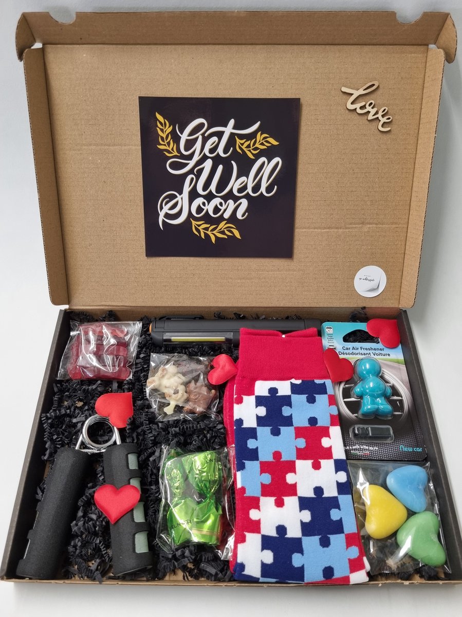 Verrassing Box voor mannen - goed gevuld met allerlei nuttige, lekkere en aangename artikelen - met Mystery Card Get well soon met een persoonlijke videoboodschap van jouzelf | Verjaardag | Vaderdag | Kerst | Sinterklaas